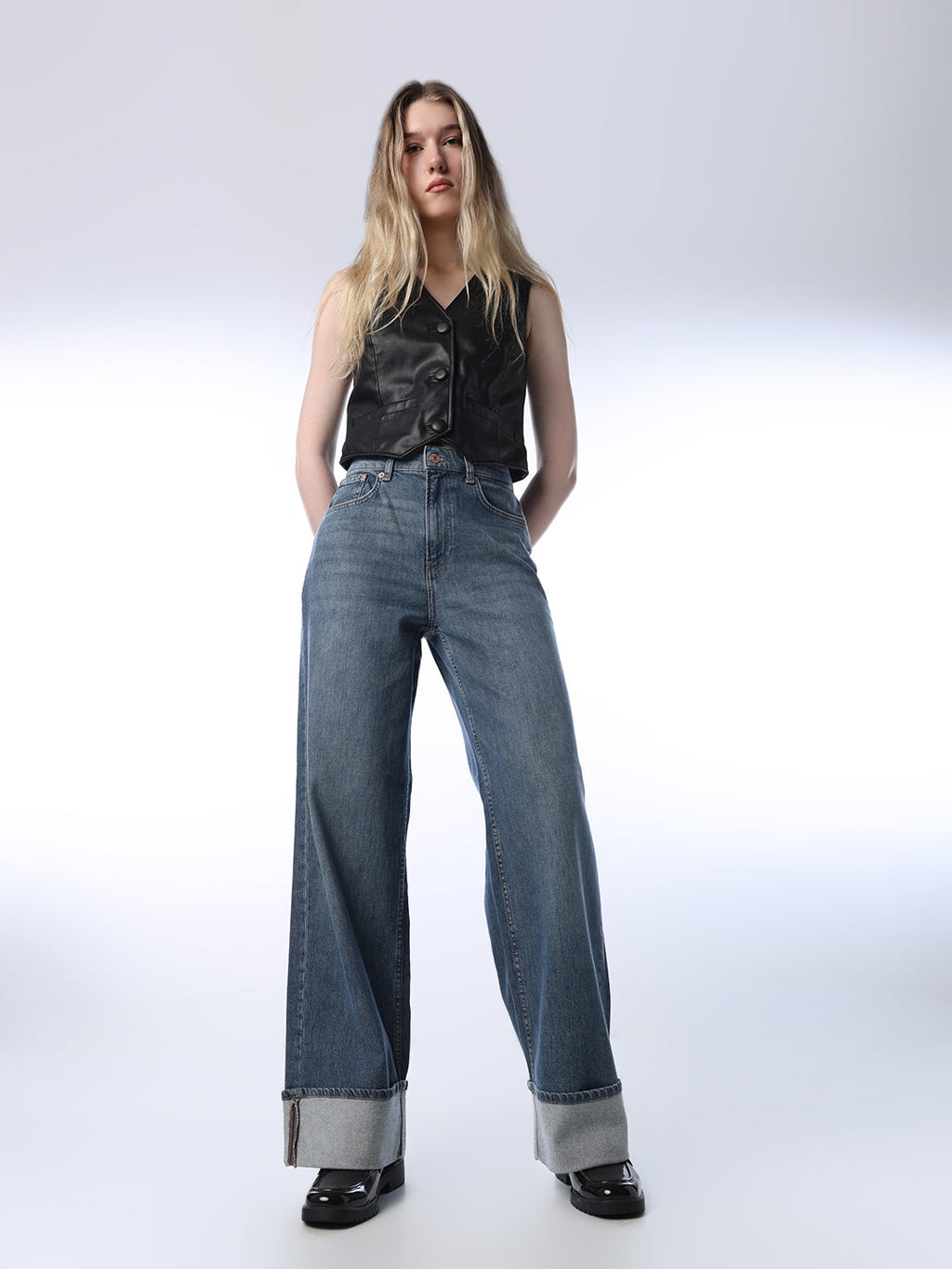Fold-Up Wide Leg Jeans