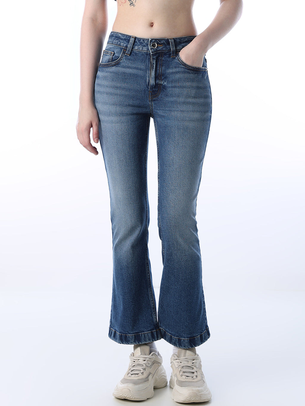 Cropped Flared Jeans - Medium Blue