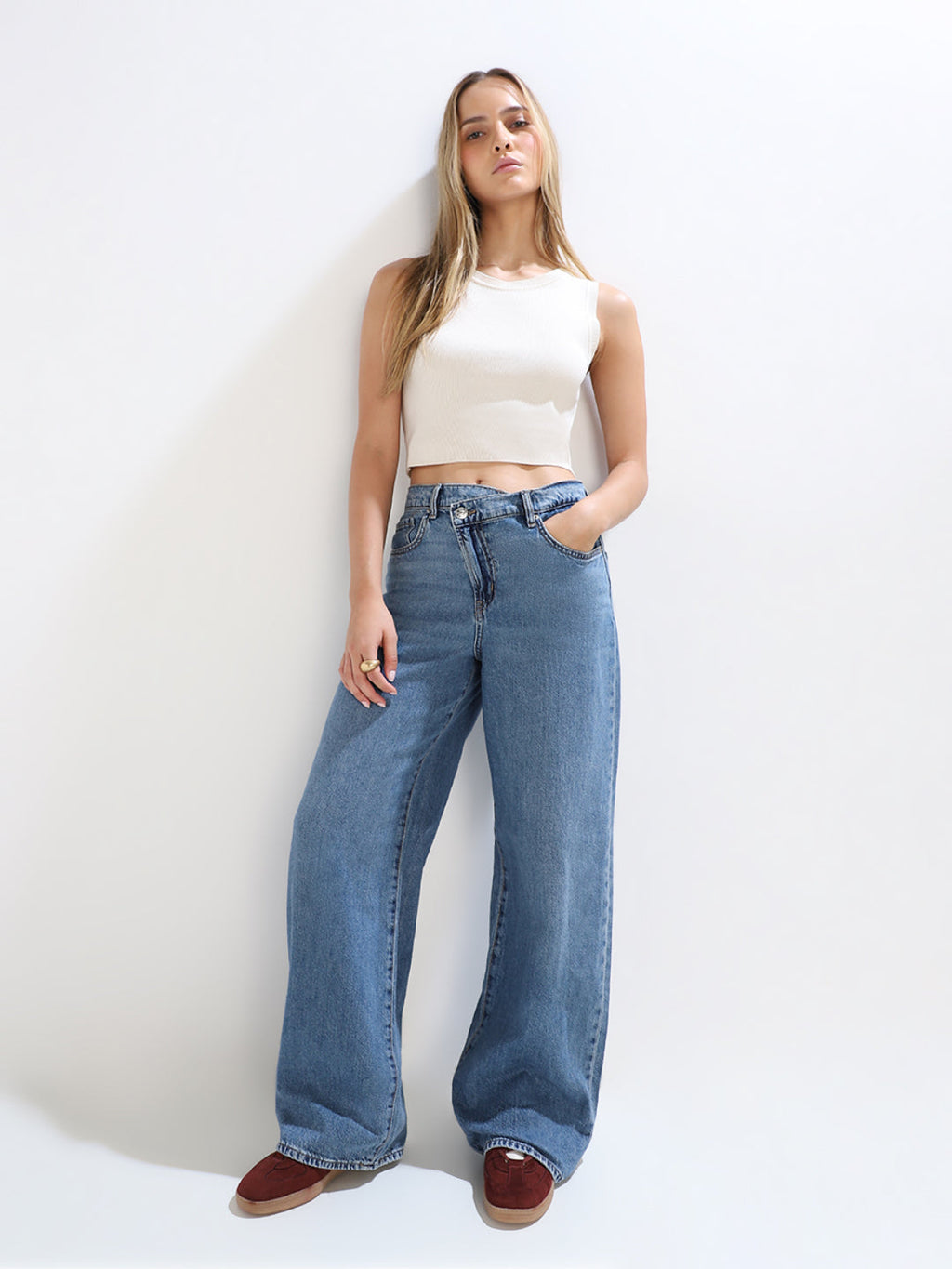Blue Uneven Closure Wide Leg Jeans