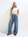 Blue Uneven Closure Wide Leg Jeans