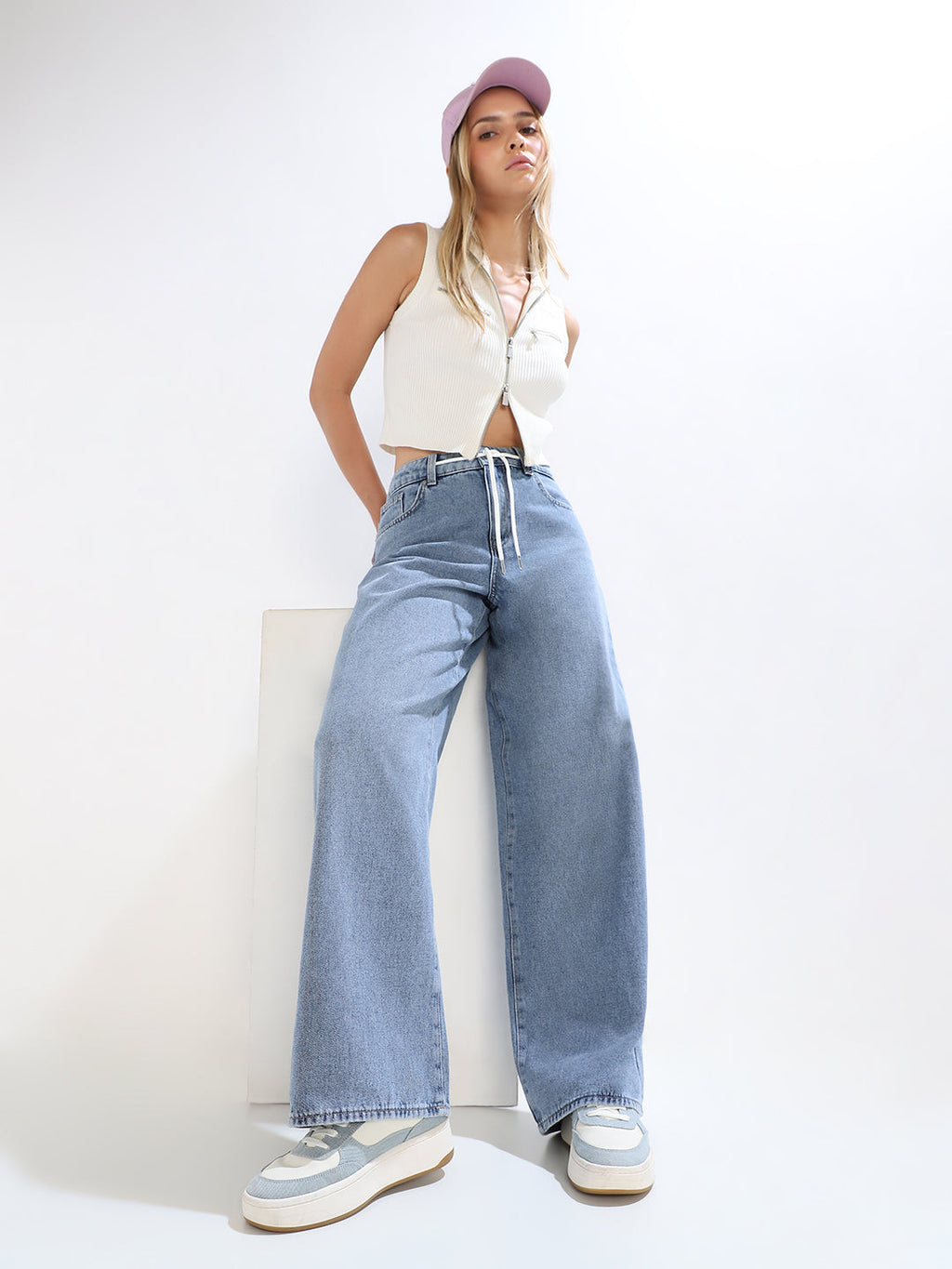Light Blue Drawstring Wide Leg Jeans