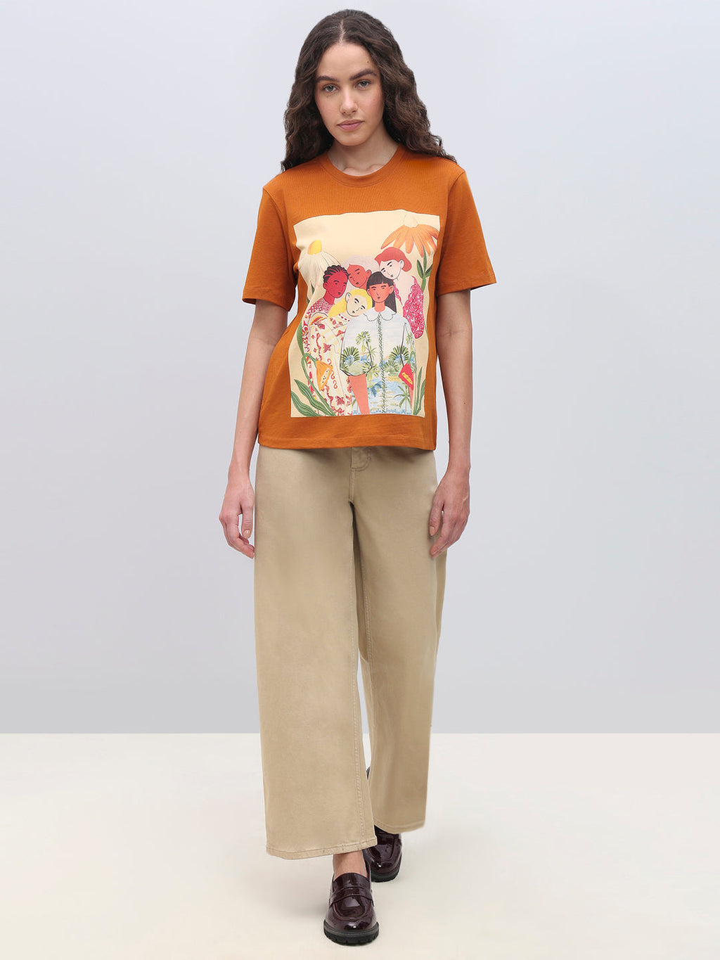 Orange Cotton Printed T-shirt