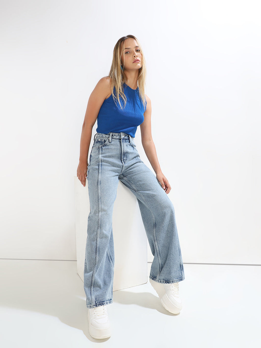 Light Blue Distressed Wide Leg Jeans
