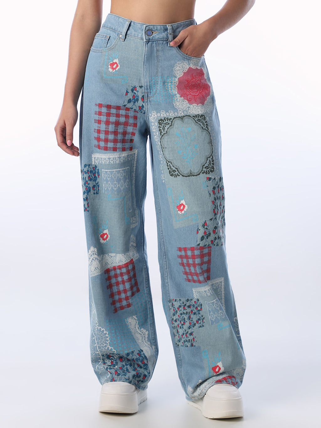 Patchwork Print Wide Leg Jeans