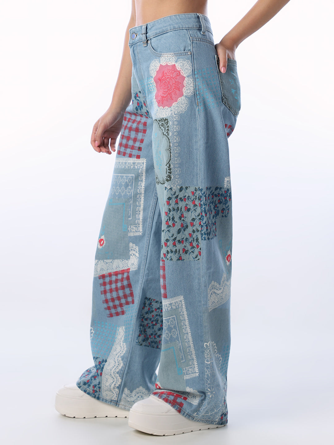 Patchwork Print Wide Leg Jeans