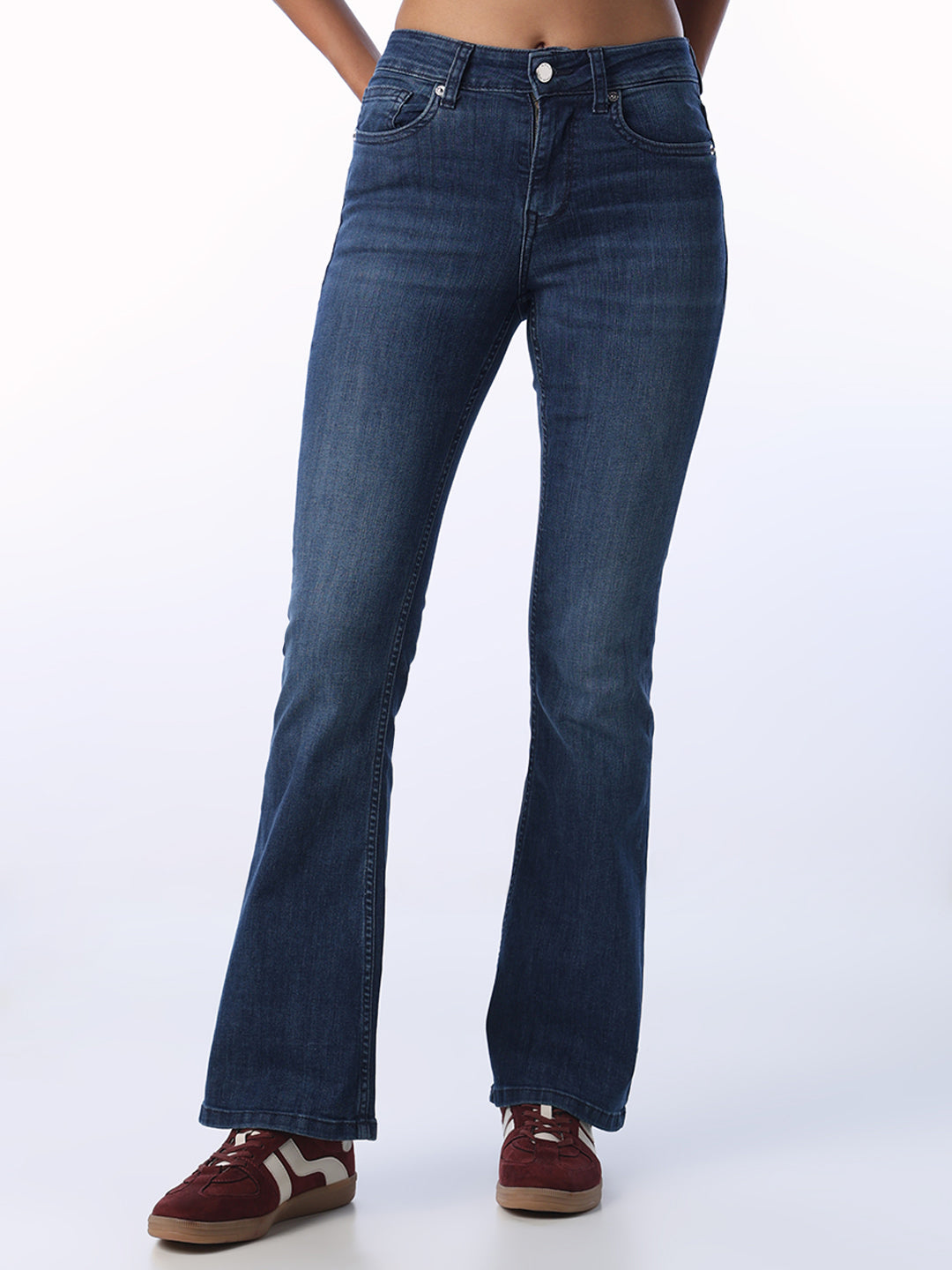Dark Blue Washed Flared Jeans