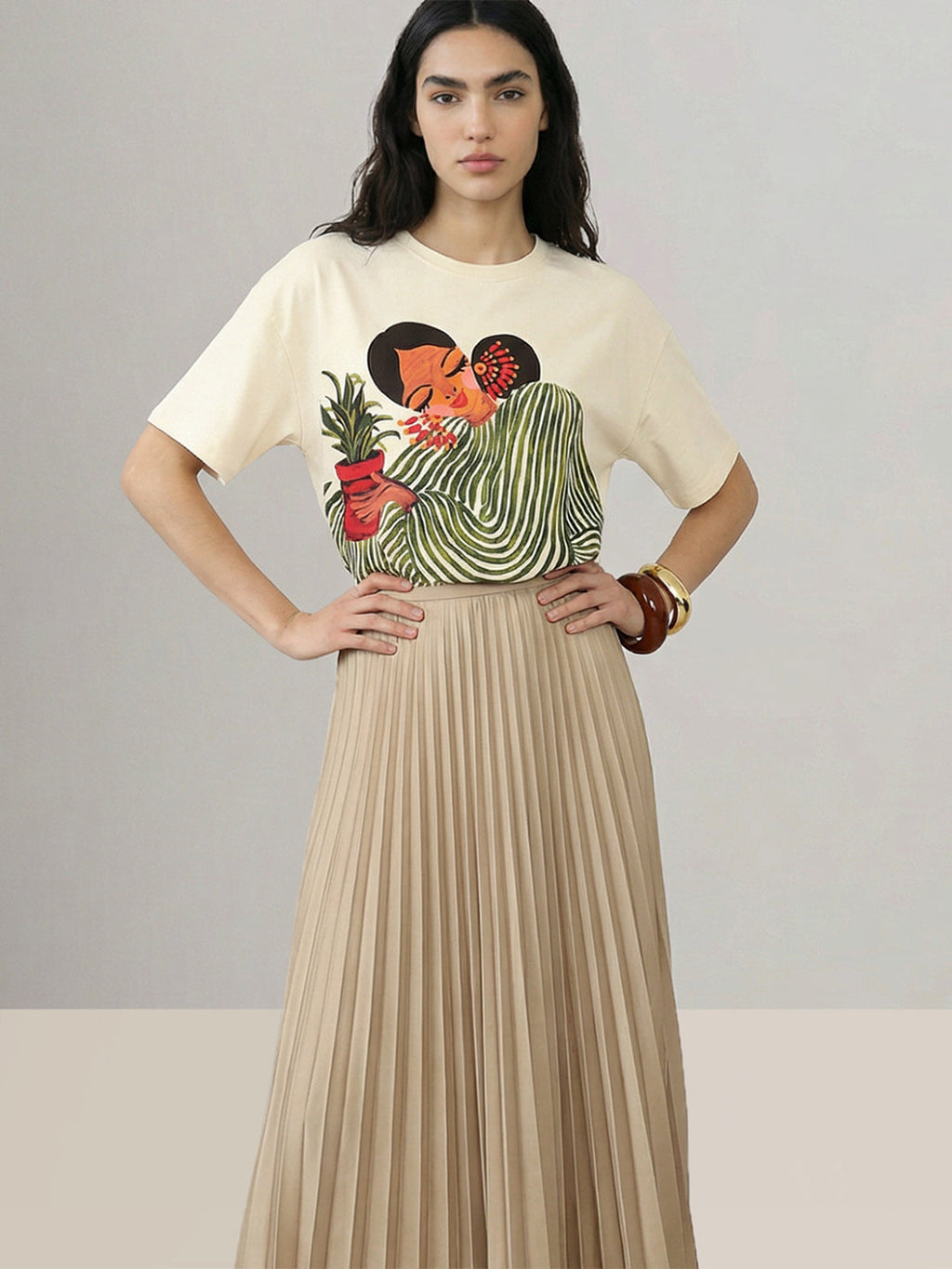 Ecru Printed Cotton T-shirt