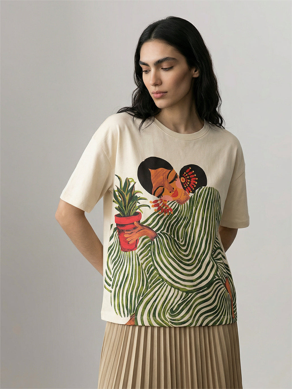 Ecru Printed Cotton T-shirt