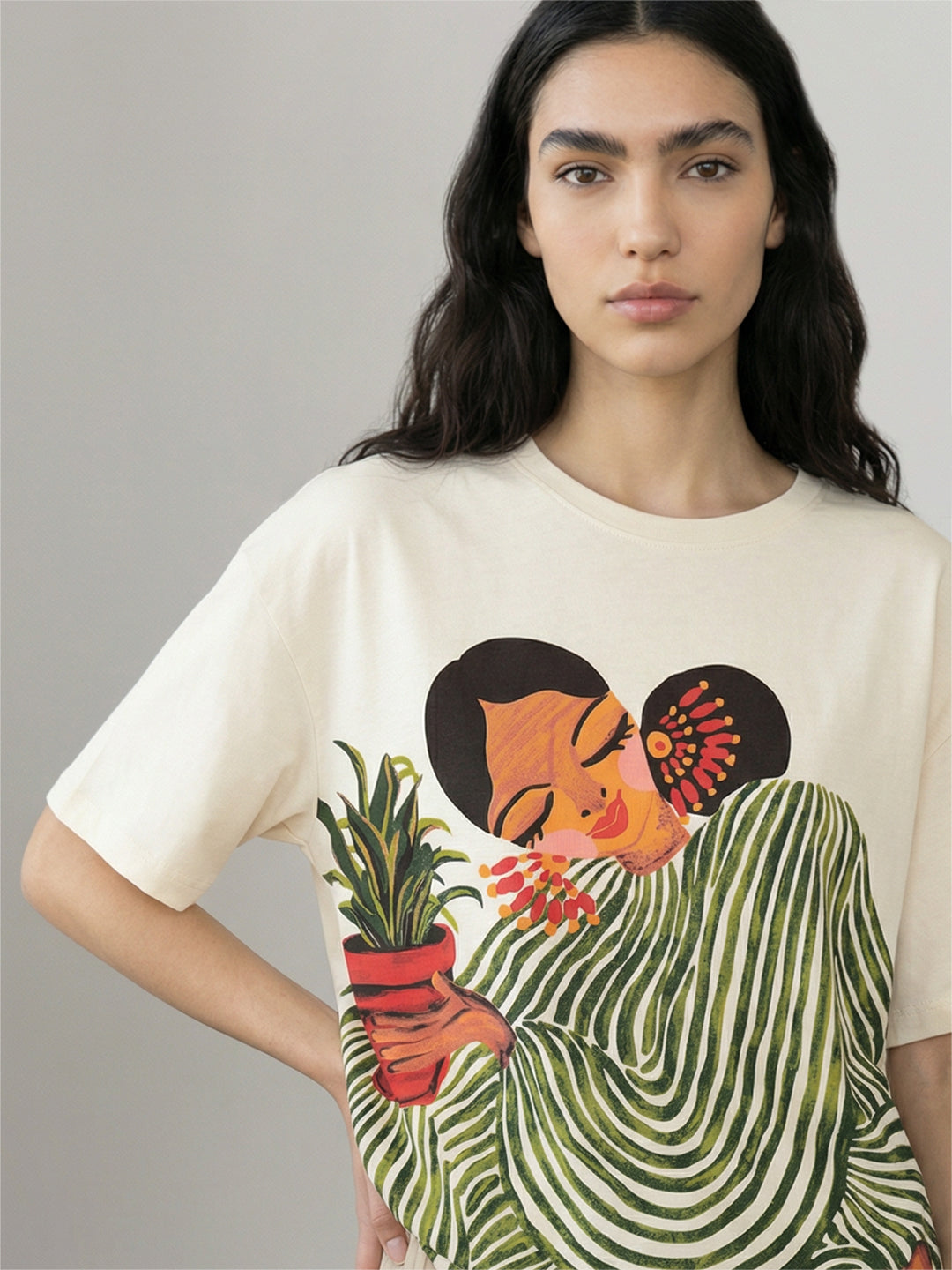 Ecru Printed Cotton T-shirt