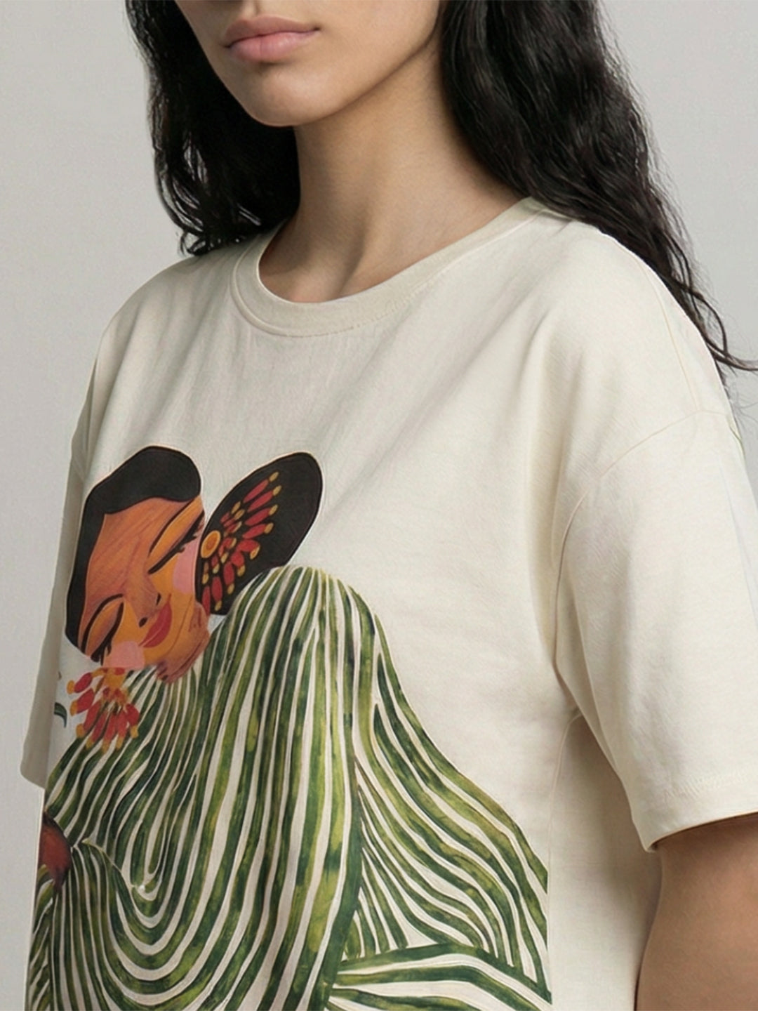 Ecru Printed Cotton T-shirt