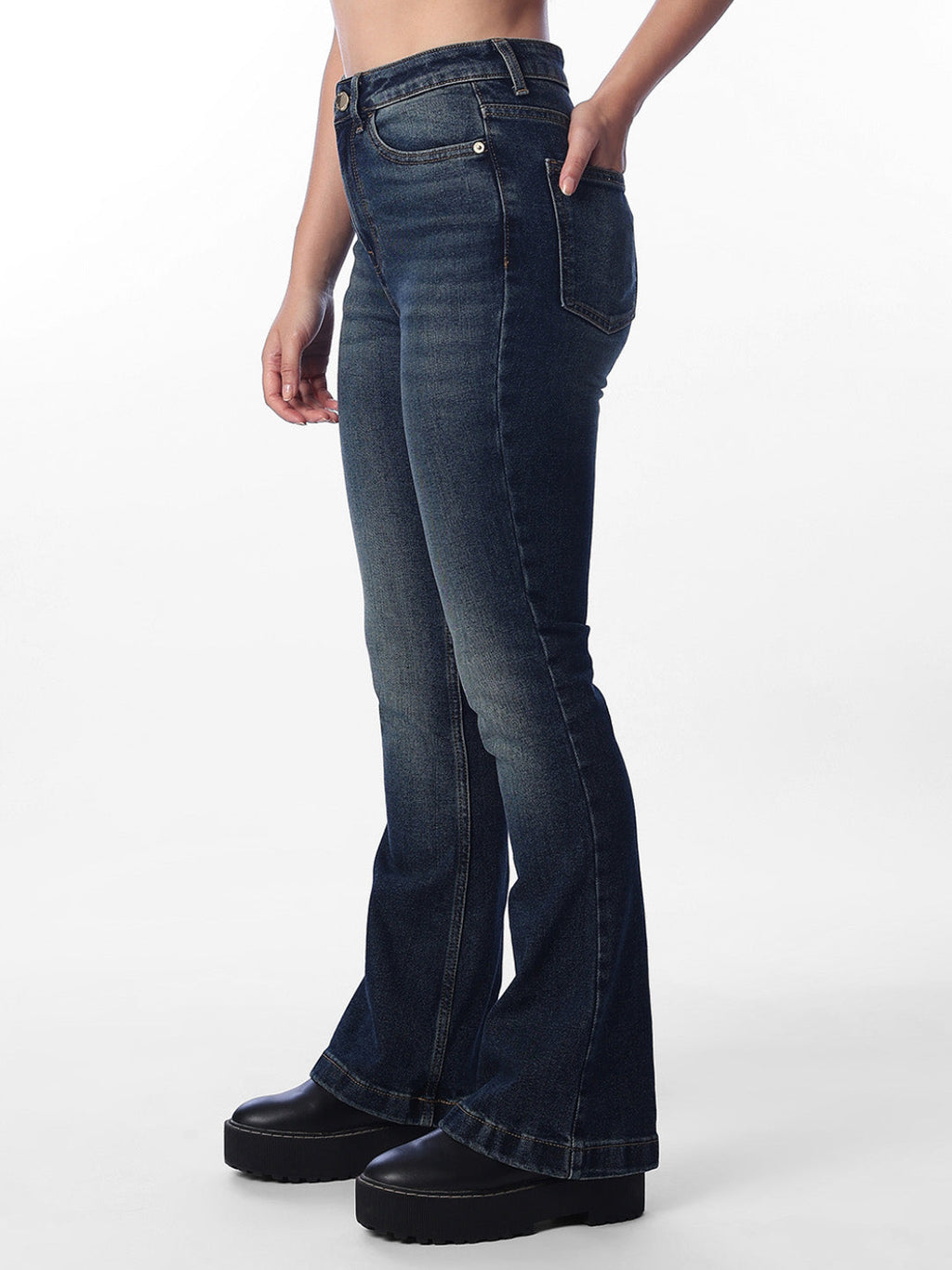 Dark Blue Washed Flared Jeans