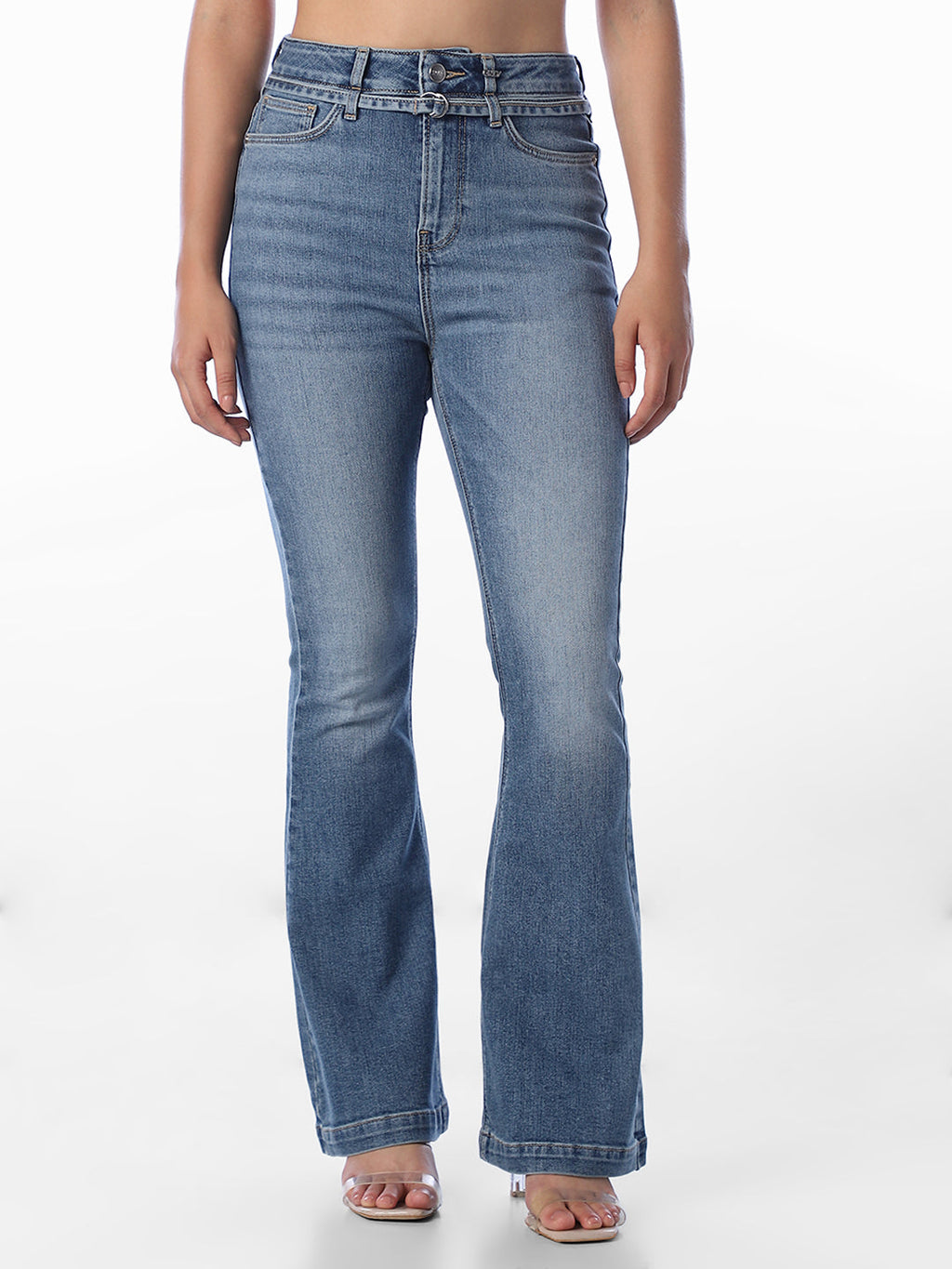Blue Floral High Rise Flared Jeans