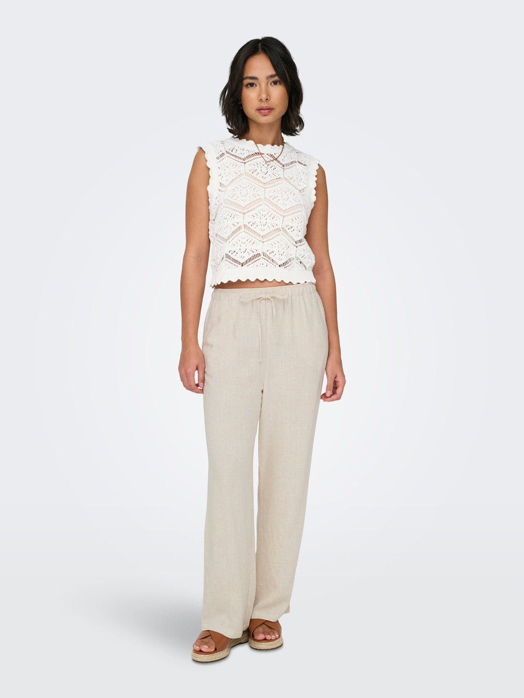 Beige Linen Blend Pull Up Pants