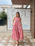 Classic A-Line Gingham Midi Dress - White and Red | D56 - view 1
