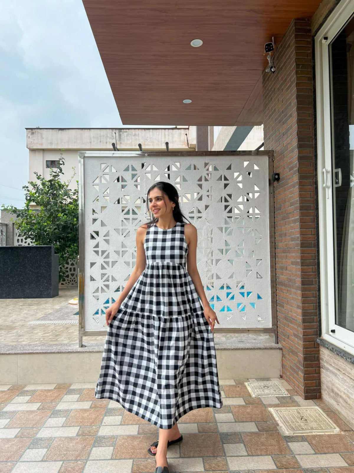 Classic A-Line Gingham Midi Dress - Orange | D56 - view 11