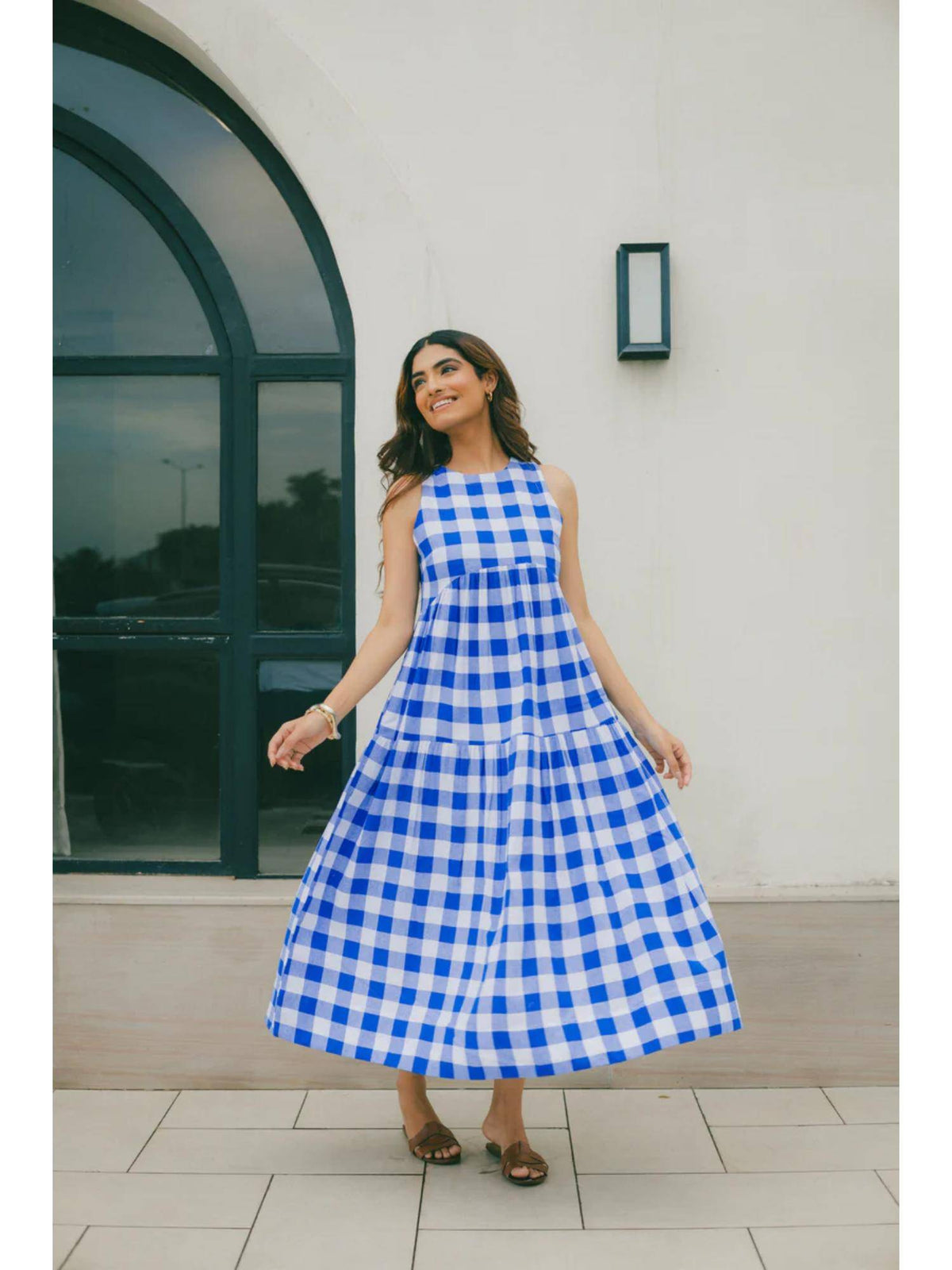 Classic A-Line Gingham Midi Dress - Orange | D56 - view 21