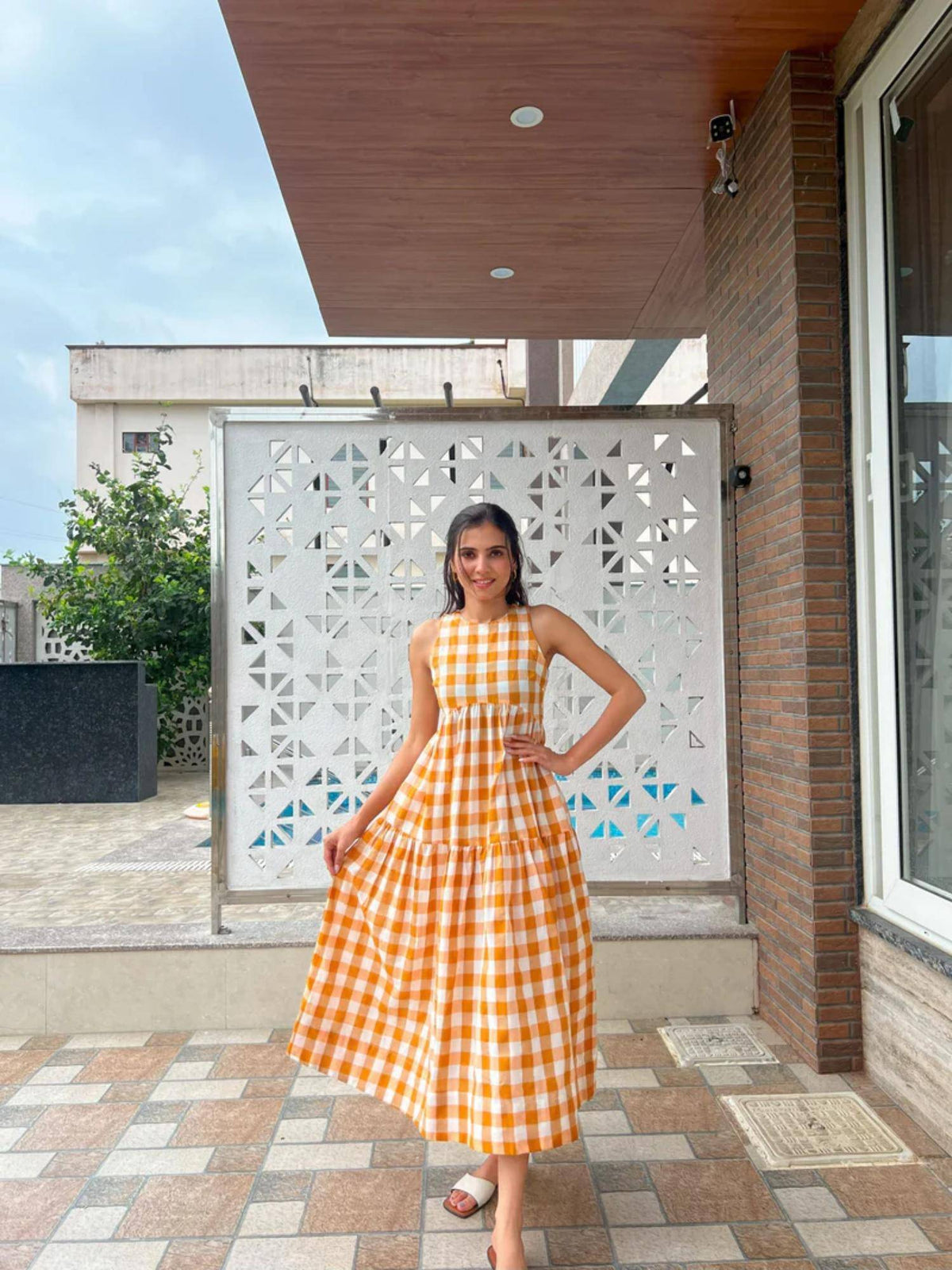 Classic A-Line Gingham Midi Dress - Orange | D56 - view 1