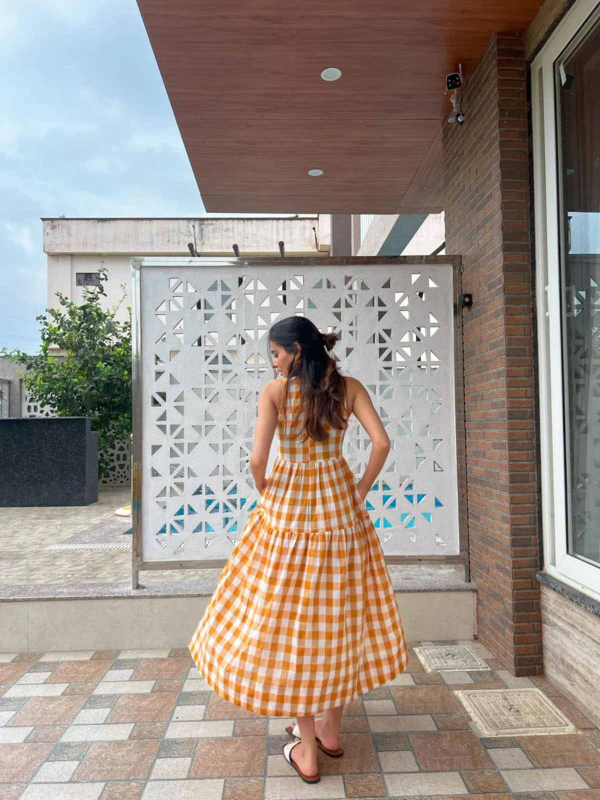 Classic A-Line Gingham Midi Dress - Orange | D56 - view 2