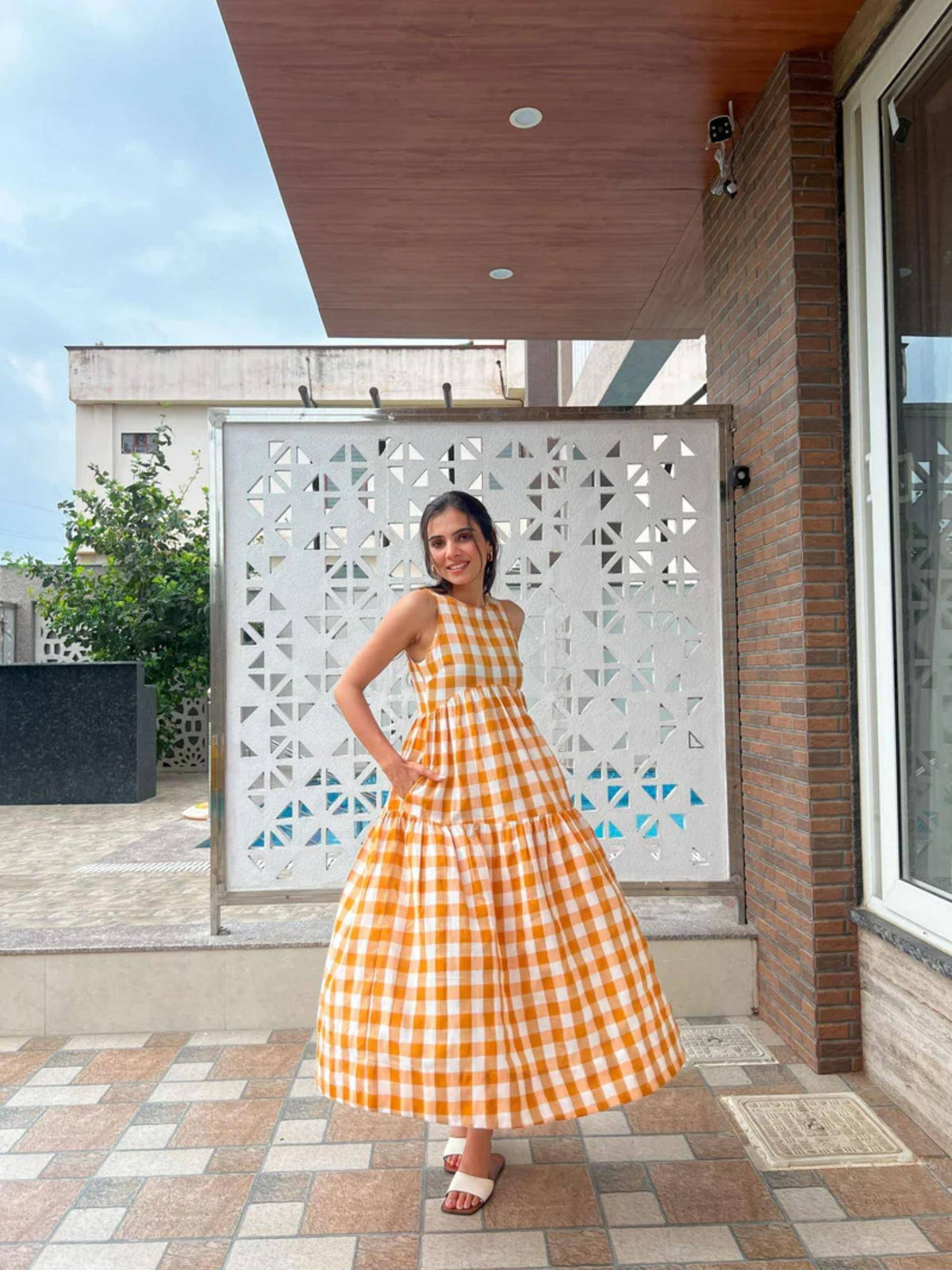 Classic A-Line Gingham Midi Dress - Orange | D56 - view 3