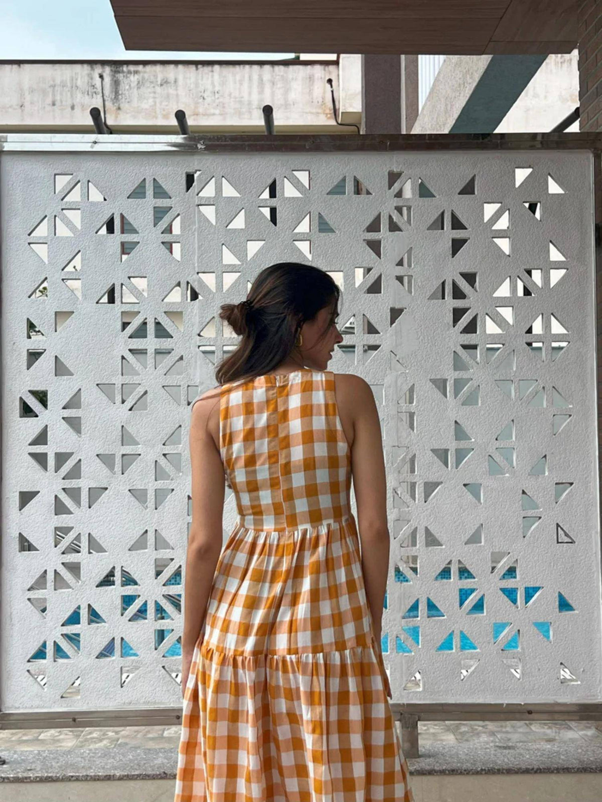 Classic A-Line Gingham Midi Dress - Orange | D56 - view 4