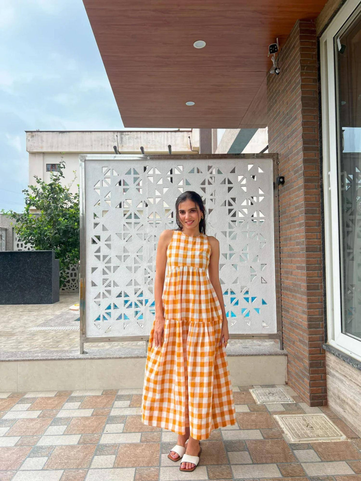 Classic A-Line Gingham Midi Dress - Orange | D56 - view 5