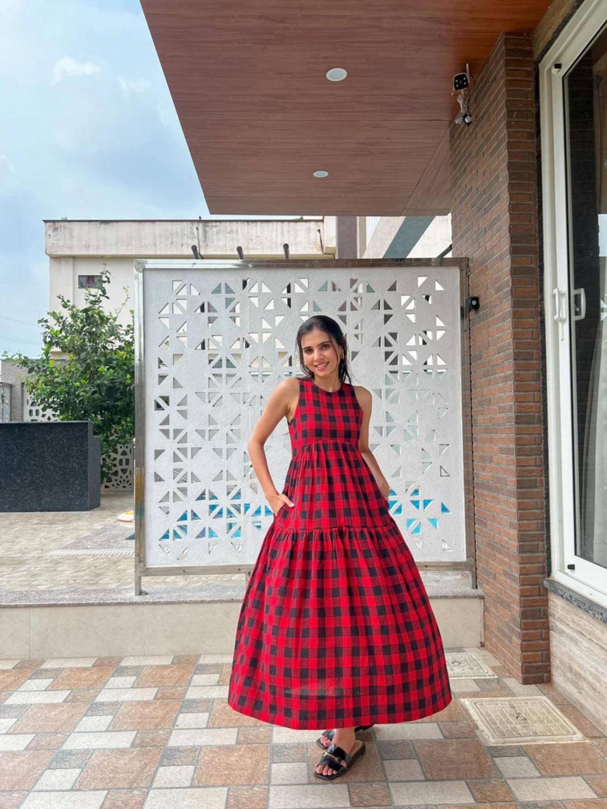 Classic A-Line Gingham Midi Dress - Orange | D56 - view 17
