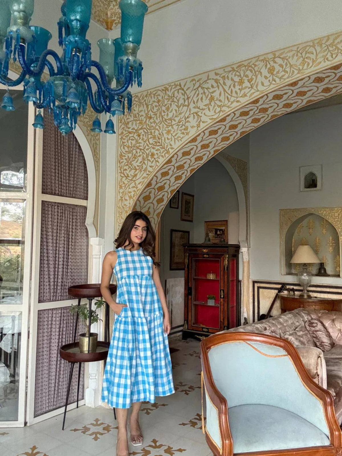 Classic A-Line Gingham Midi Dress - Orange | D56 - view 26