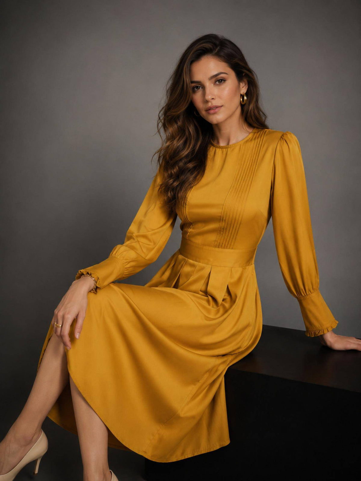 Womens Yellow Pintuck Detail Midi Dress | D56 - view 1