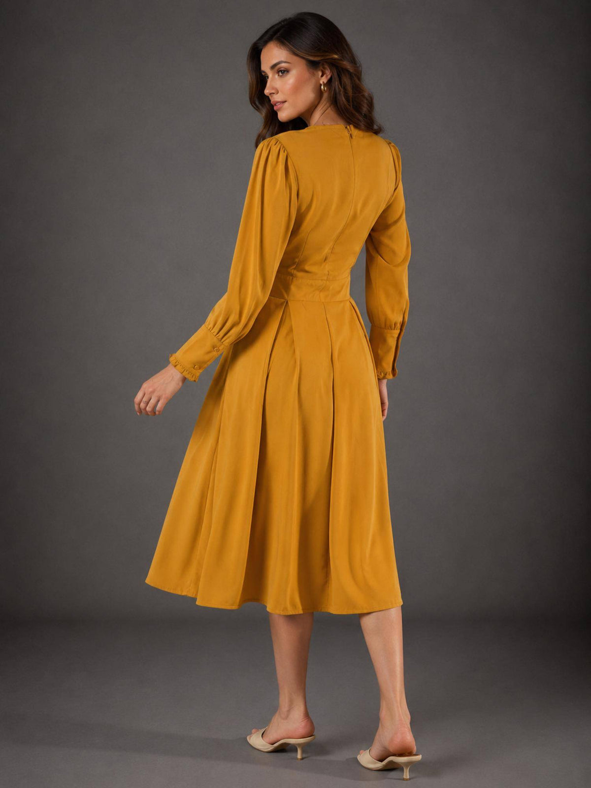 Womens Yellow Pintuck Detail Midi Dress | D56 - view 2