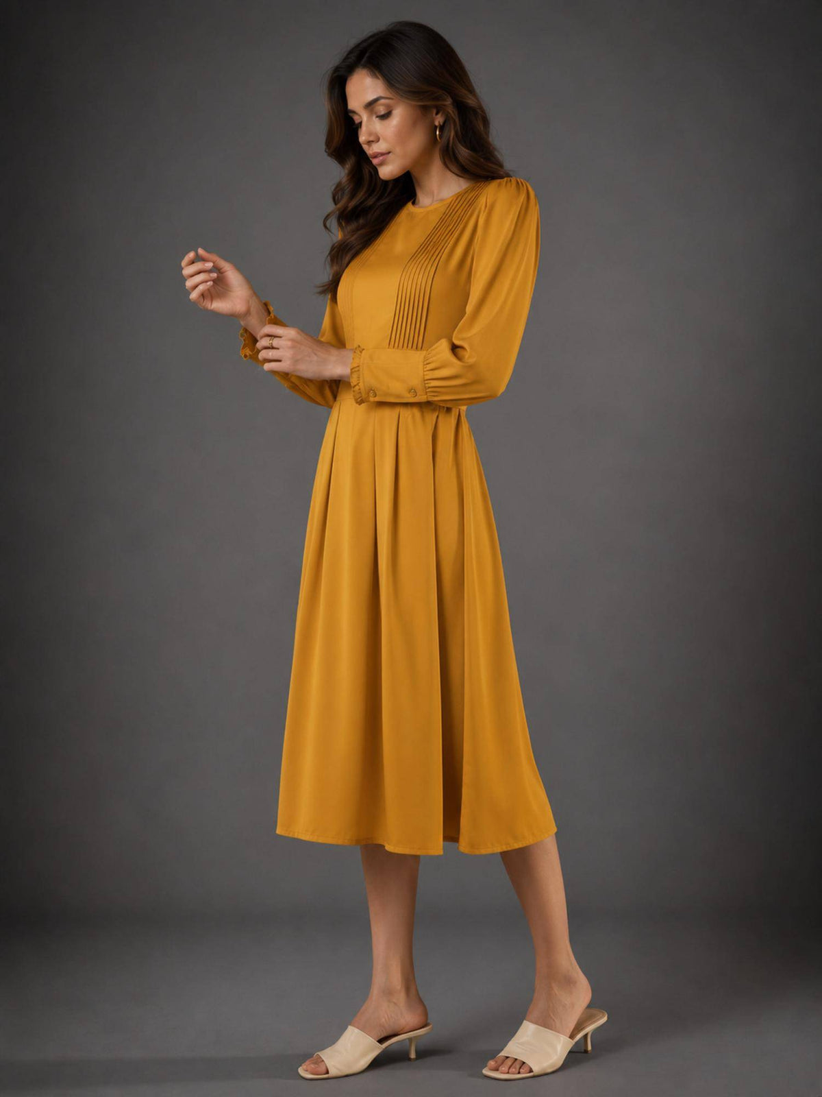 Womens Yellow Pintuck Detail Midi Dress | D56 - view 3