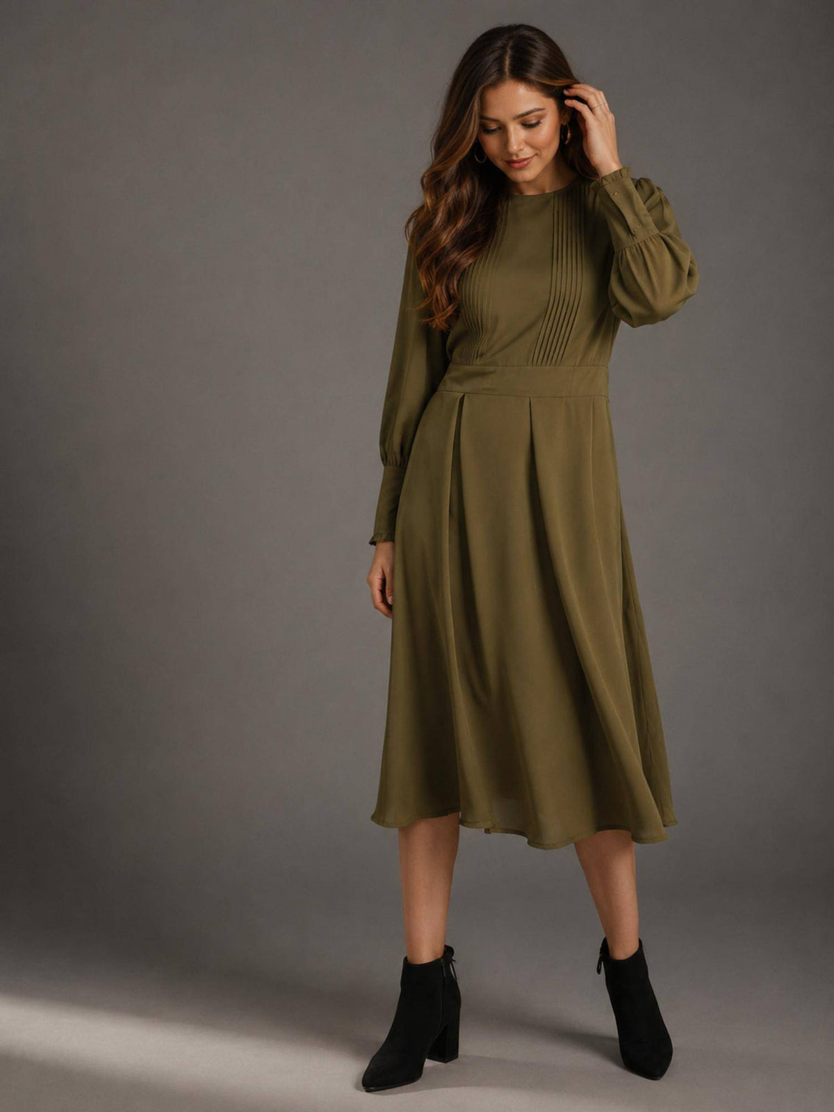 Womens Yellow Pintuck Detail Midi Dress | D56 - view 6