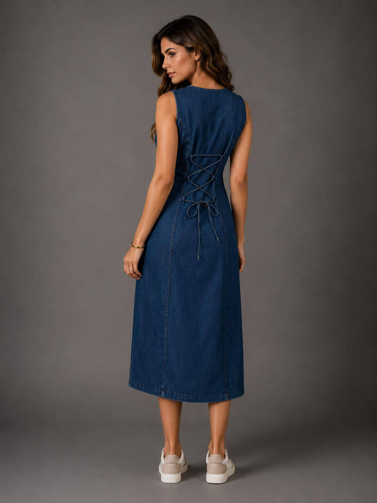 Womens Denim Dress with Side Button and Slit | D56 - view 2