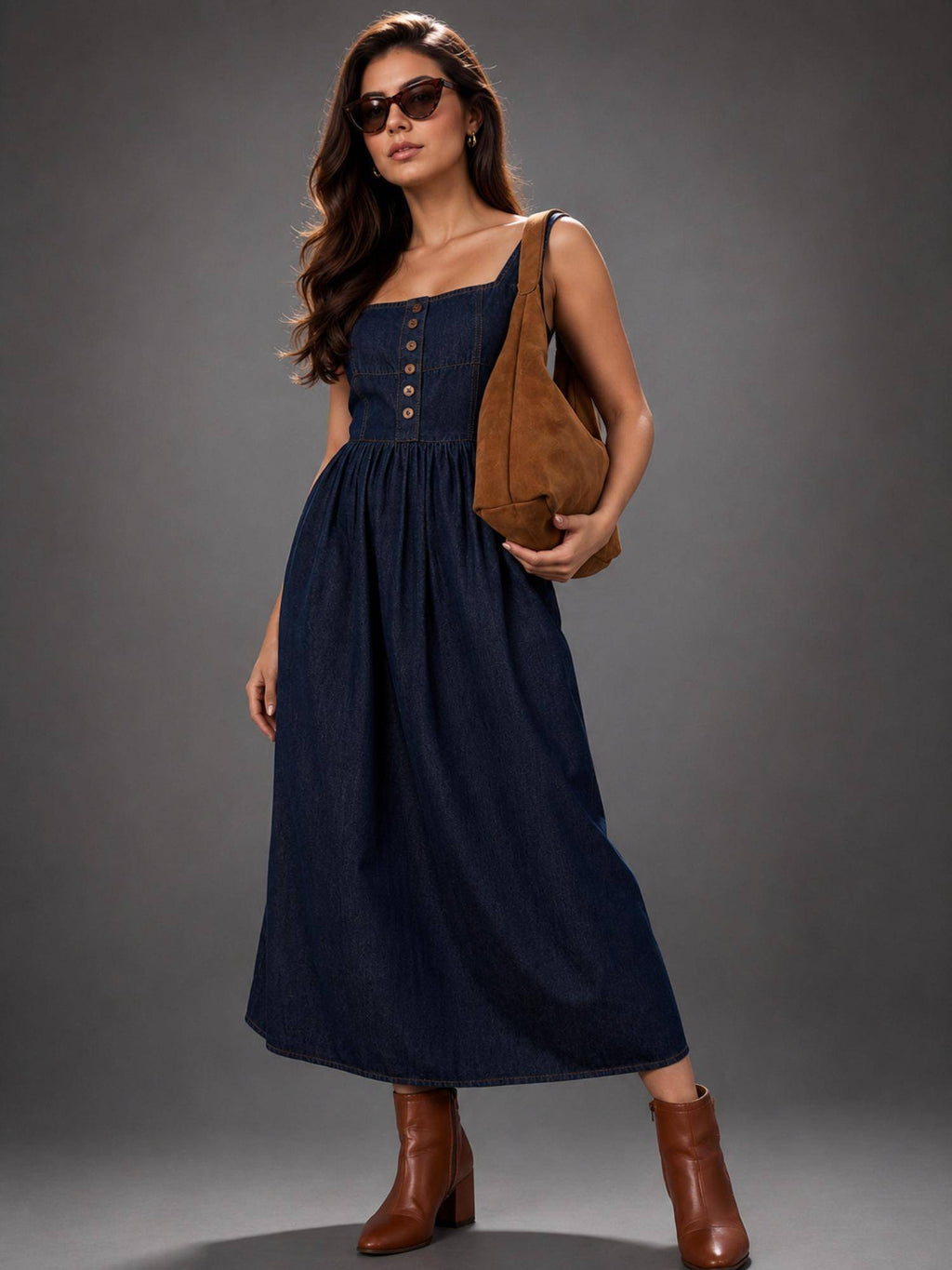 Womens Denim Long Midi Dress | D56 - view 5
