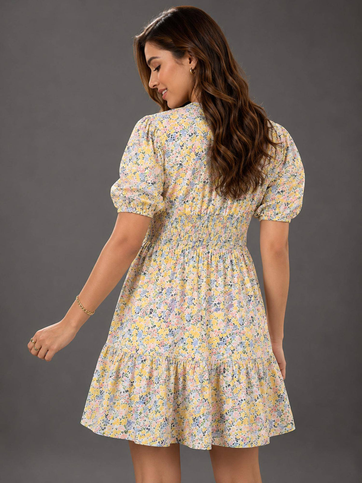 Womens Cotton Yellow Floral Dress with Lace detail | D56 - view 2