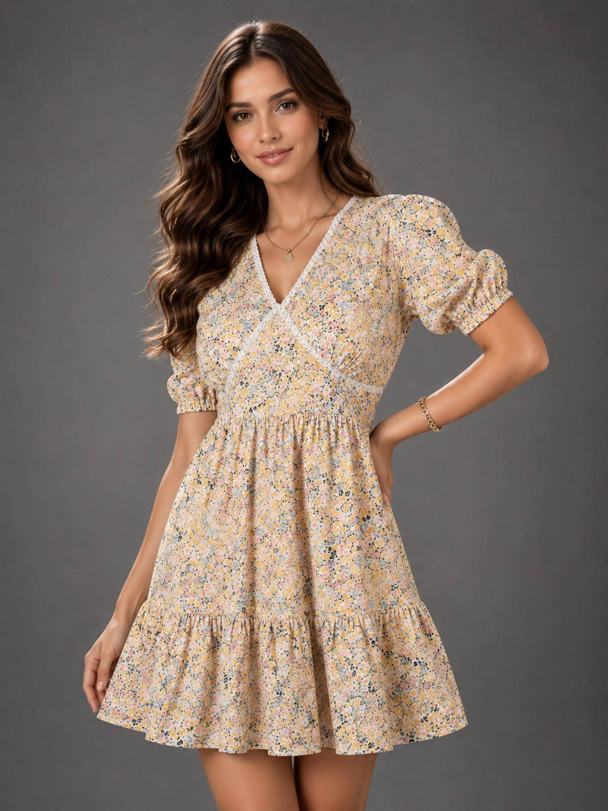 Womens Cotton Yellow Floral Dress with Lace detail | D56 - view 3