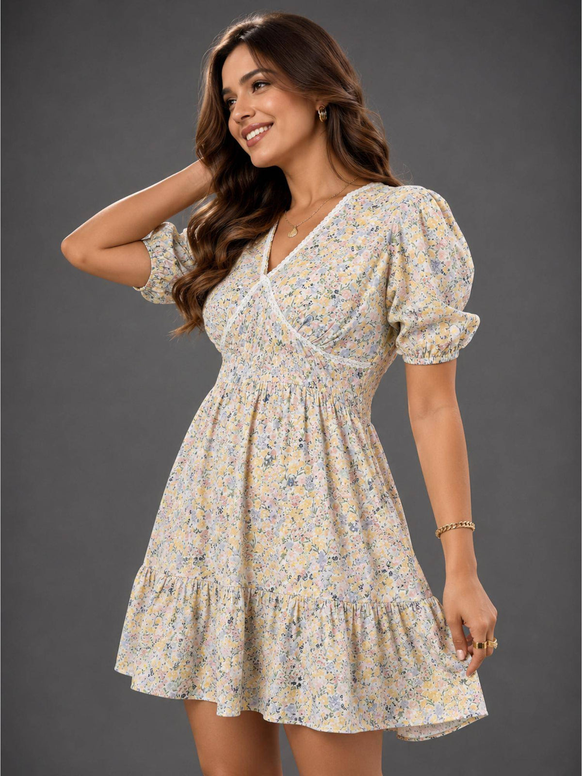 Womens Cotton Yellow Floral Dress with Lace detail | D56 - view 4