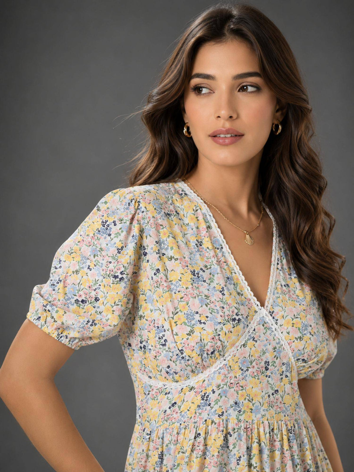 Womens Cotton Yellow Floral Dress with Lace detail | D56 - view 5