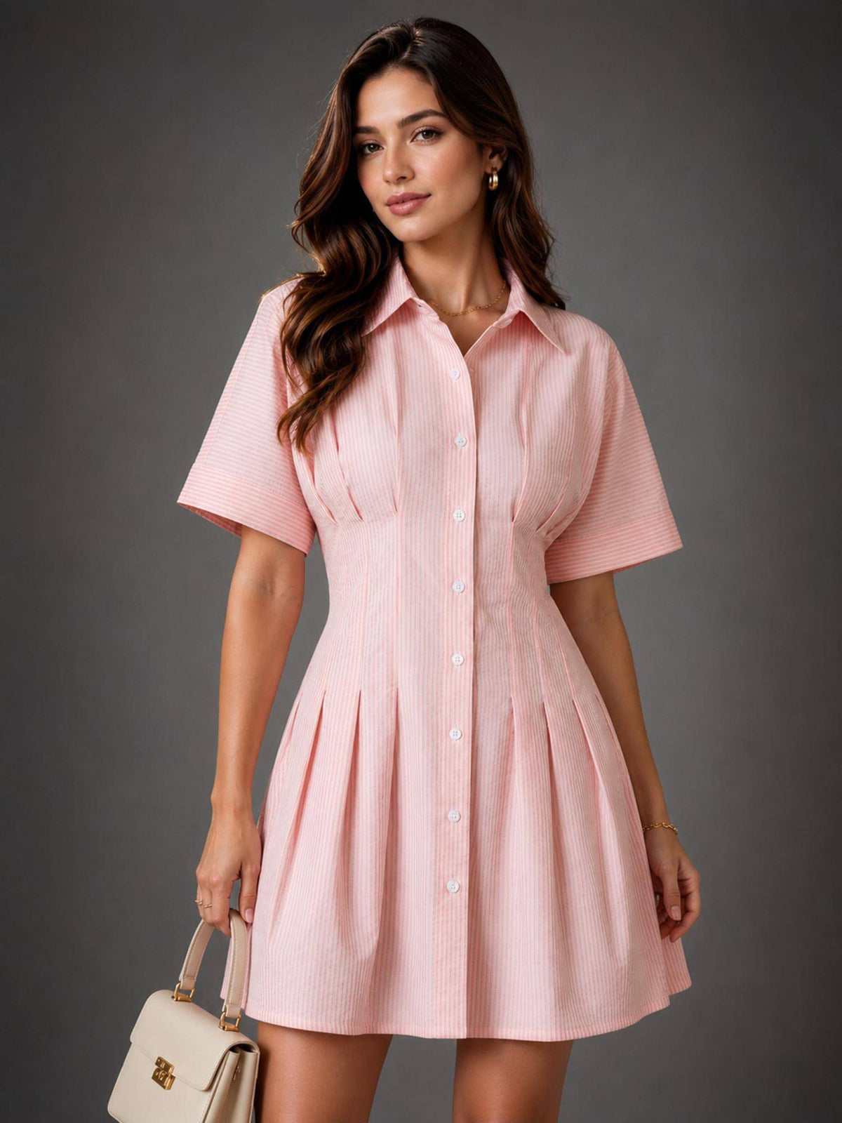 Womens Cotton Pink Stripe Dress with Waist Fitting | D56 - view 1