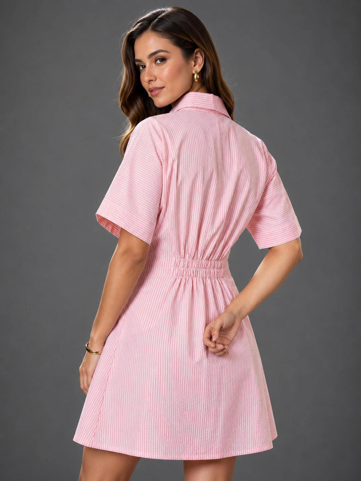 Womens Cotton Pink Stripe Dress with Waist Fitting | D56 - view 2