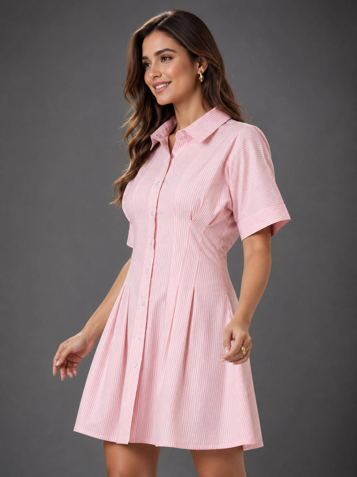Womens Cotton Pink Stripe Dress with Waist Fitting | D56 - view 3