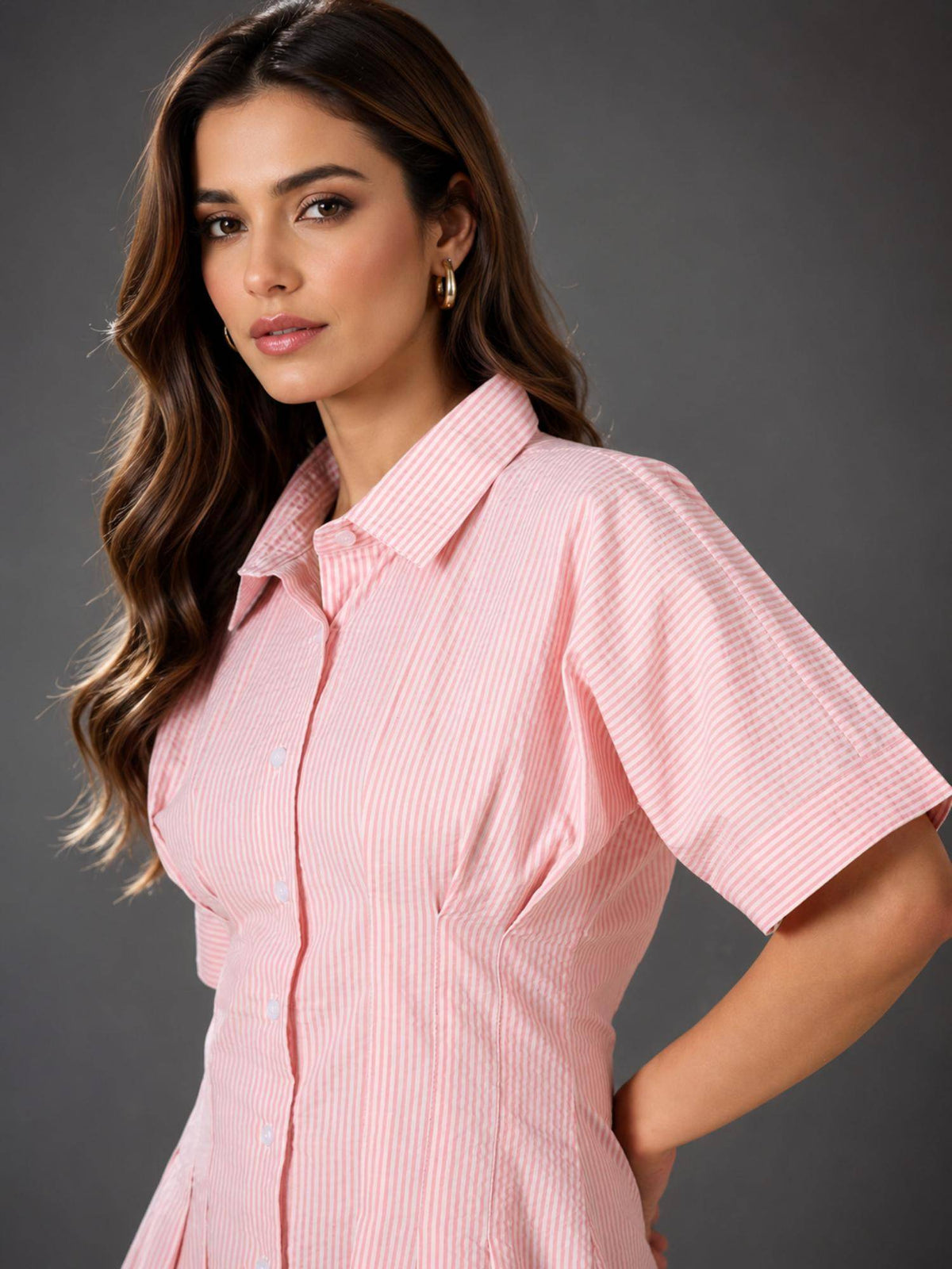 Womens Cotton Pink Stripe Dress with Waist Fitting | D56 - view 5