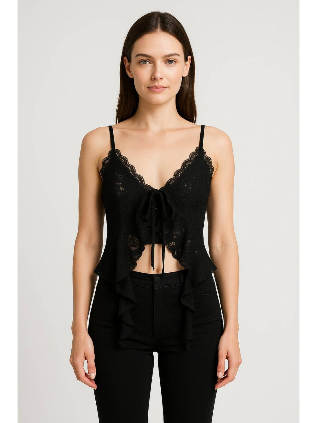 Black Lace Ruffle Hem Knotted Knit Crop Top | CT61 - view 1