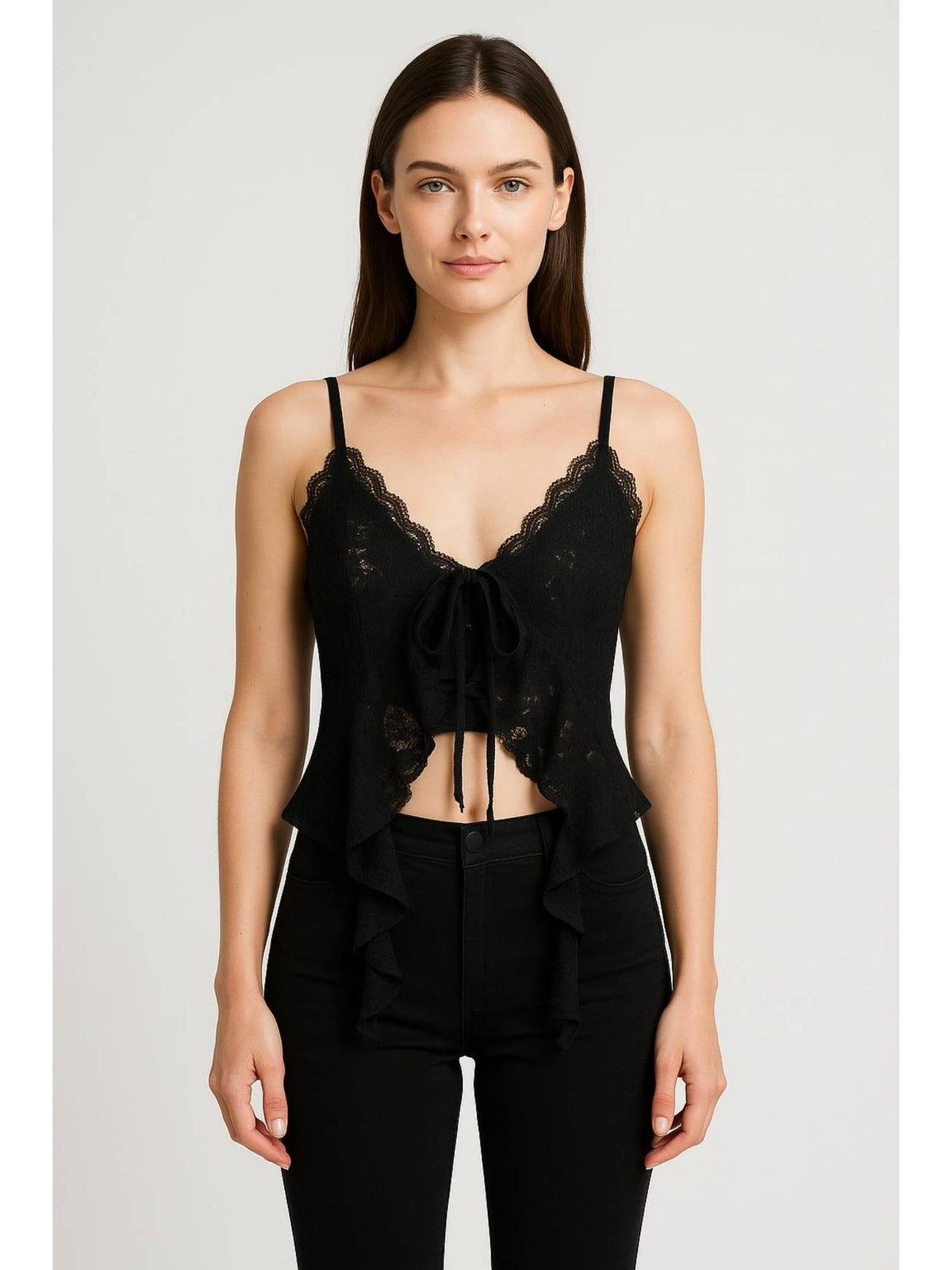 Black Lace Ruffle Hem Knotted Knit Crop Top | CT61 - view 1