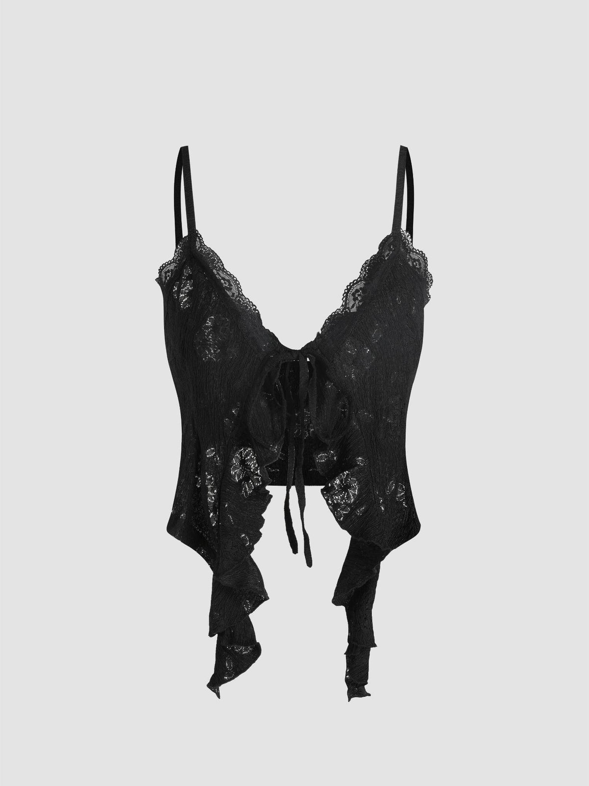 Black Lace Ruffle Hem Knotted Knit Crop Top | CT61 - view 2