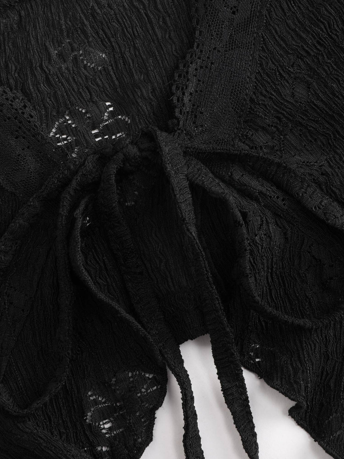 Black Lace Ruffle Hem Knotted Knit Crop Top | CT61 - view 4