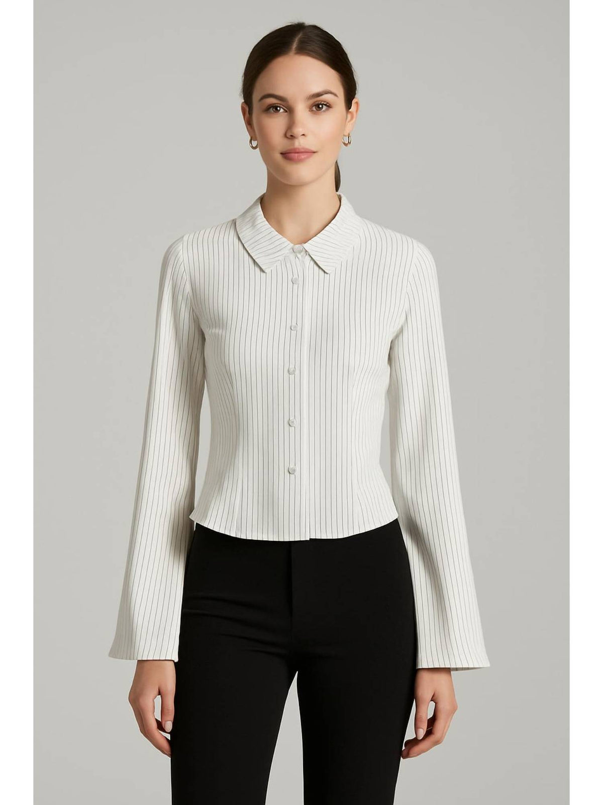 Collar Striped Cinched Waist Bell Sleeve Shirt | S67 - view 15