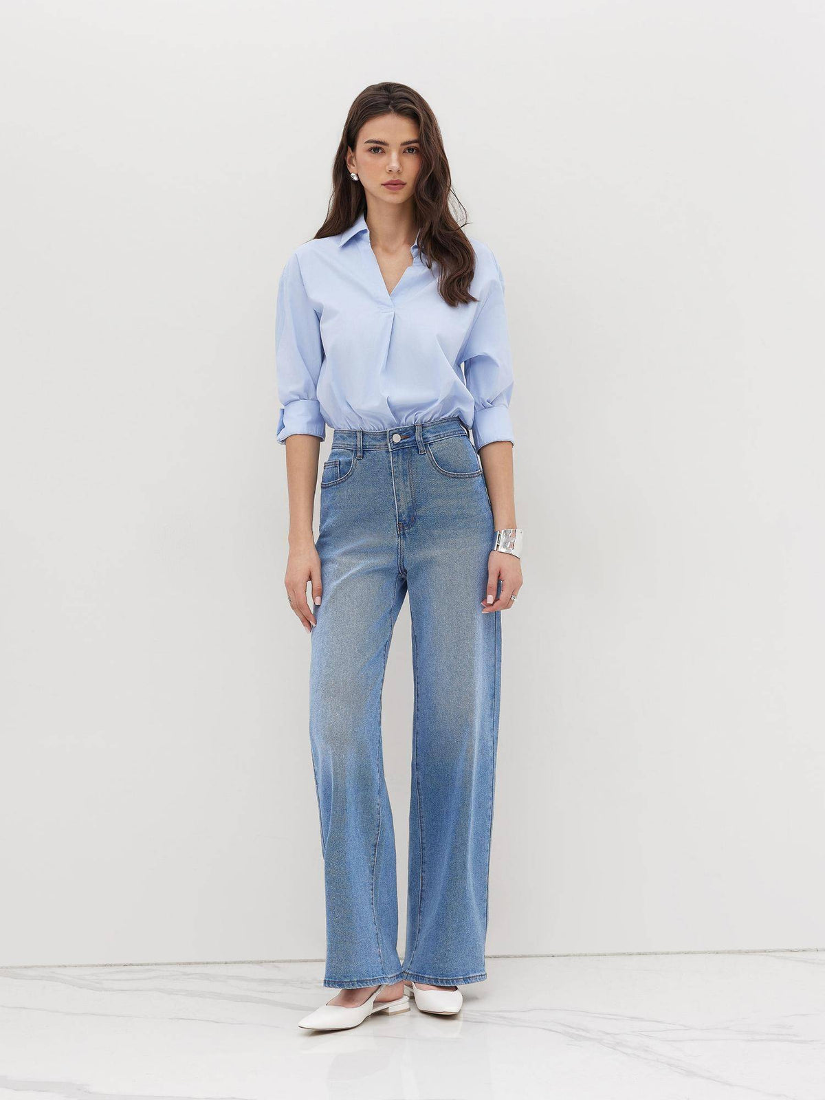 100% Cotton Collar Roll-up Sleeve Shirt Bodysuit | CI9 - view 1