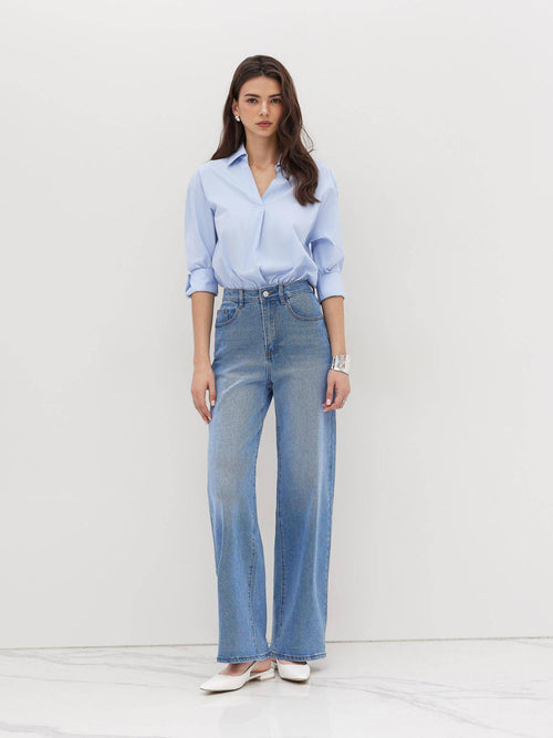 100% Cotton Collar Roll-up Sleeve Shirt Bodysuit | CI9 - view 1
