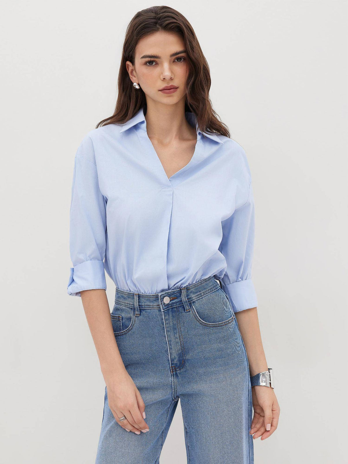 100% Cotton Collar Roll-up Sleeve Shirt Bodysuit | CI9 - view 2