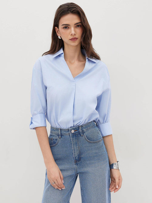 100% Cotton Collar Roll-up Sleeve Shirt Bodysuit | CI9 - view 2